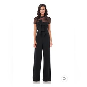 JS Collections Illusion Mock Neck Bow Front Short Sleeve Wide Leg Jumpsuit.